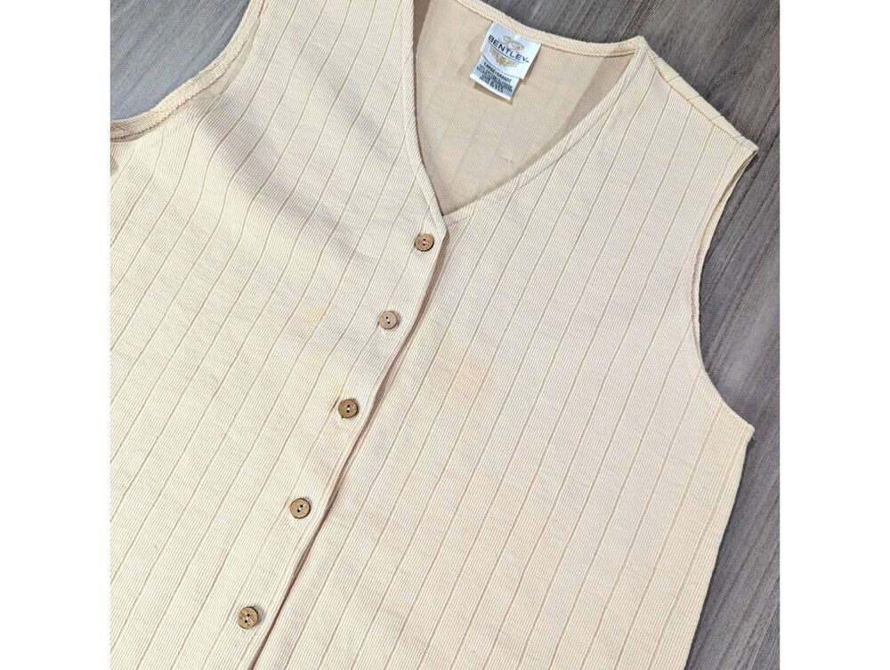Bentley Beige Ribbed Knit Button Front V-Neck Sleeveless Sweater Vest L